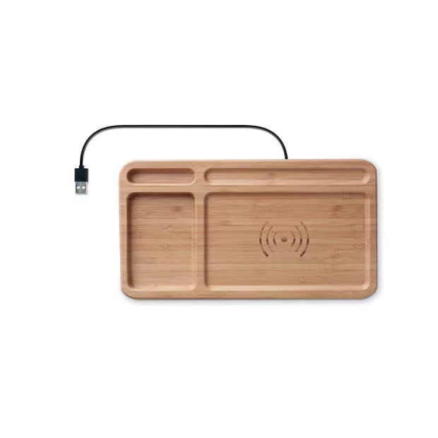 Bamboo tray with wirless charging desk and night stand organizer 2in 1