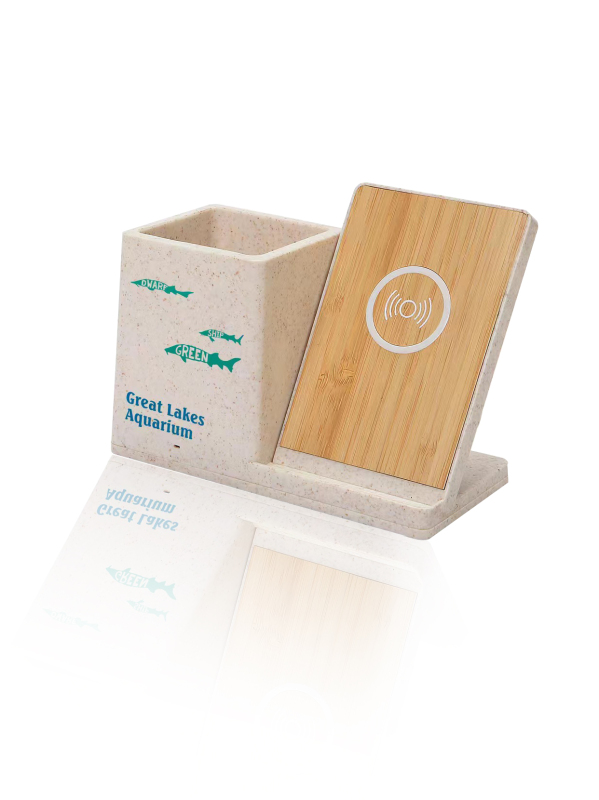 Office Desk Wireless Charging Pen Holder - Made from Wheat Straw and Bamboo, Natural and Eco-Friendly Office Supplies