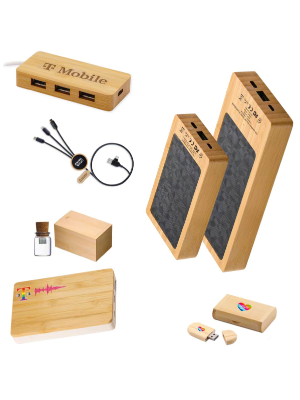 Bestselling Eco-Friendly Bamboo Gifts: USB, 3-in-1 Multi-Functional Charging Cable, 5000mAh Power Bank, Solar Charger, High-Speed USB Flash Drive.