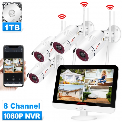 ANRAN Wireless Security Camera System with 13'' LCD Monitor,All-in-one 8CH 3MP WiFi NVR Pre-Install 1TB Hard Drive 4pcs Outdoor Surveillance Cameras