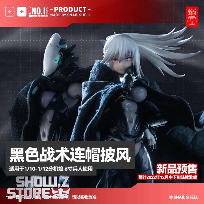 Snail Shell Black Tactical Hooded Cape for 1/10 & 1/12 Mecha Girl