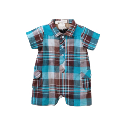 Latest design bright blue plaid collar neckline soft cotton checked baby boy rompers