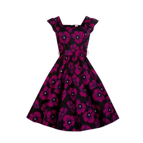 Women Stretchable Cotton Satin Poppy Print Lady Elegant Vintage Dress Made In China