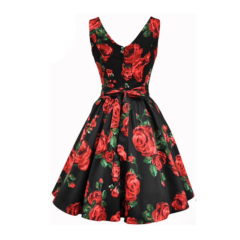 1950s Women Red Rose Floral Tea Length Audrey Hepburn Dress