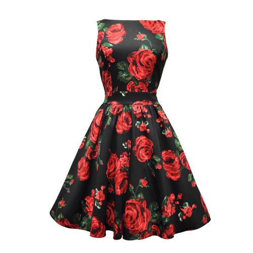 1950s Women Red Rose Floral Tea Length Audrey Hepburn Dress