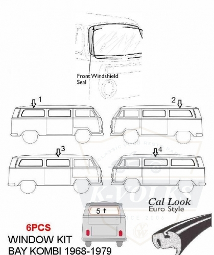 6pcs/set Type 2 Bus Bay windows Rubber Seals Kits Front Windshiel, Side(middle/rear) and Rear