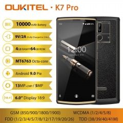 OUKITEL K7 Pro Smartphone Android 9.0 MT6763 Octa Core 4G RAM 64G ROM 6,0 "FHD + 18: 9 10000mAh Empreinte digitale 9 V / 2A Handy