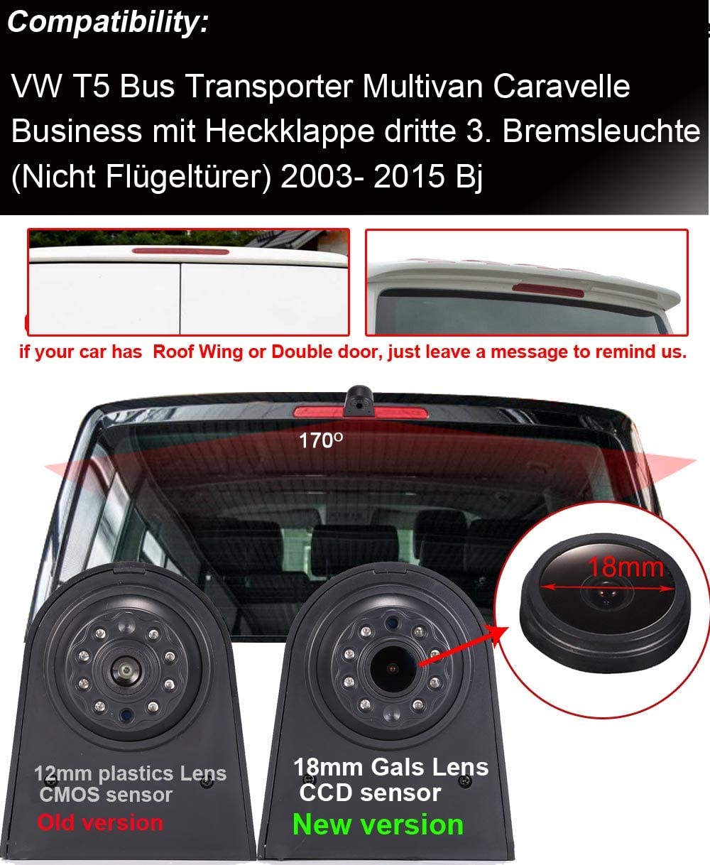 HD 1280x720 Pixel Transporter Van Wasserdicht Nachtsicht Rückfahrkamera im  3. Bremslicht für VW T5 Bus Multivan Caravelle 2003-2015