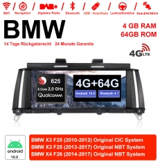 10.25 Inch Qualcomm Snapdragon 625 (MSM8953) 8Core A53 2.0 GHZ Android 10.0 4G LTE Car Radio/Multimedia 4GB RAM 64GB ROM For BMW X3 F25 X4 F26 NBT/CIC