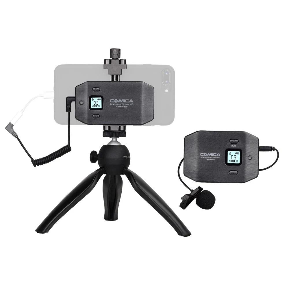 COMICA CVM-WS50(C) 6-Channel UHF Wireless Smartphone Lavalier Microphone System with Phone Clamp and Mini Tripod for Mobile Live Video Vlog Interview