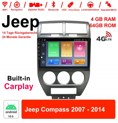 9 pouces Android 10.0 autoradio / multimédia 4Go de RAM 64Go de ROM pour Jeep Compass 2007 -2014 avec WiFi NAVI Bluetooth USB