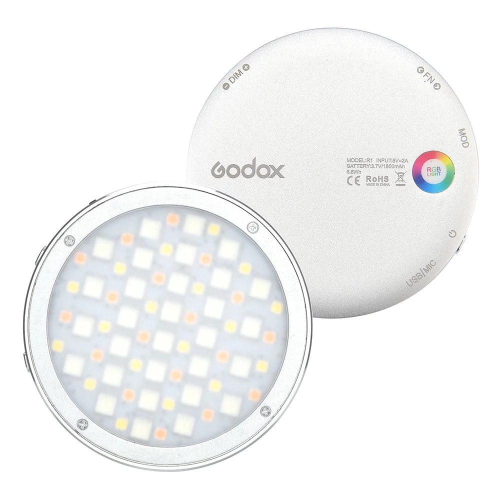 Godox R1 Ronde RGB Mini Lumière Créative LED Video Light Fill Light 2500K-8500K CRI 98