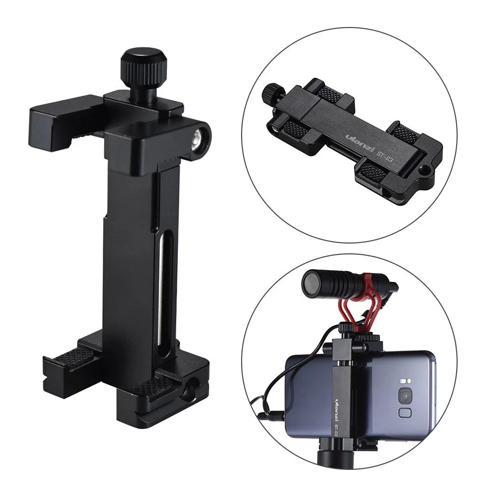 Ulanzi ST-03 Folding Metal Phone Tripod Mount Clamp Holder Bracket with Hot Shoe Mount AS Quick Release Plate for iPhone X 8 for Samsung Smartphone