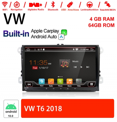 Autoradio 9 pouces Android 10.0 / multimédia 4 Go de RAM 64 Go de ROM pour VW T6 2018 avec WiFi NAVI Bluetooth USB