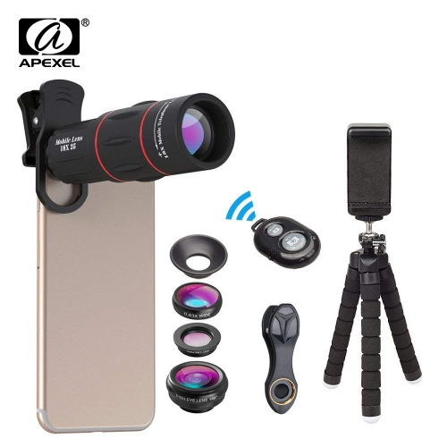 APEXEL Telephone Lens Kit Fisheye wide angle macro 18X telescope lens tele with 3 in 1 lens for Samsung Huawei all smartphones