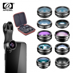 APEXEL 10 in 1 Phone Camera Lens Kit Fisheye Wide Angle Macro Lens CPL Filter Kaleidoscope and 2X Telescope Lens for smartphone