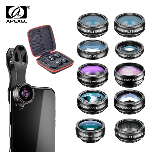 APEXEL 10 in 1 Telefon kamera Objektiv Kit Fisheye Weitwinkel makro Objektiv CPL Filter Kaleidoskop und 2X teleskop Objektiv für smartphone