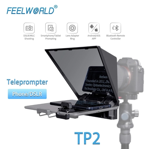 FEELWORLD TP2 Portable Teleprompter for Smartphone Tablet DSLR Camera with Remote Control Lens Adapter Rings