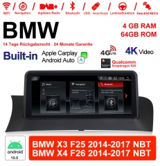 10,25 pouces Qualcomm Snapdragon 625 8 Core Android 10.0 4G LTE Autoradio/Multimédia USB Carplay pour BMW X3 / X4 F25 / 26 (2014-2017) NBT