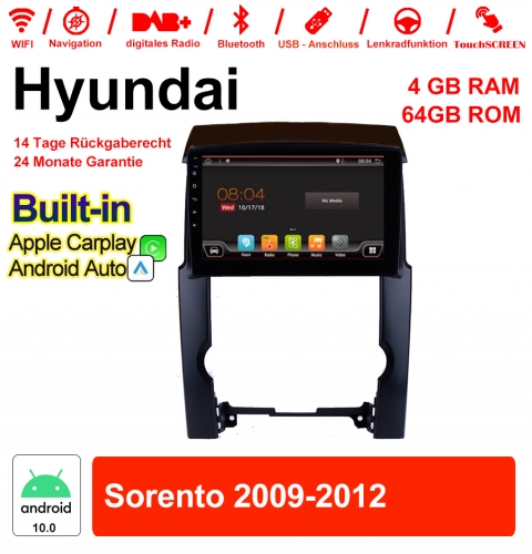 10 pouces Android 10.0 autoradio / multimédia 4 Go de RAM 64 Go ROM pour Hyundai Sorento 2009-2012 avec Navi Bluetooth WIFI intégré Carplay Android Au