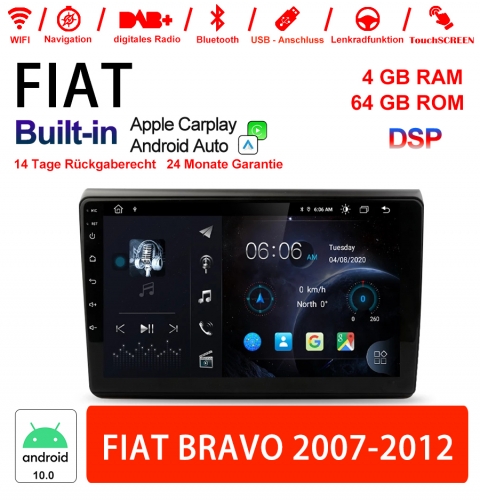 9 pouces Android 10.0 autoradio / multimédia 4 Go de RAM 64 Go de ROM pour Fiat Bravo 2007-2012 avec DSP intégré Carplay Android Auto