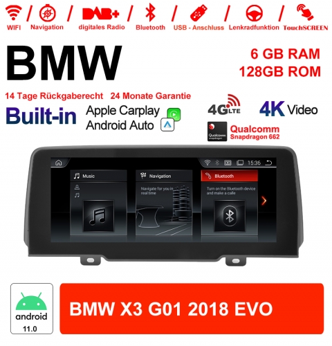 10.25" Qualcomm Snapdragon 662 Android 11.0 4G LTE Autoradio / Multimédia USB WiFi Navi Carplay Pour BMW X3 (2018) EVO
