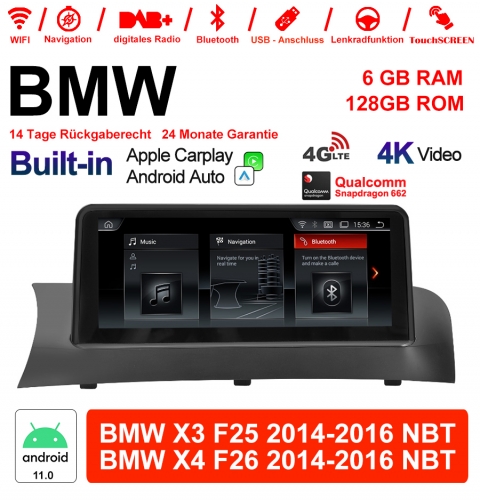 10.25" Qualcomm Snapdragon 662 Android 11.0 4G LTE Autoradio / Multimédia USB WiFi Navi Carplay Pour BMW X3/X4   F25/26 (2014-2016) NBT