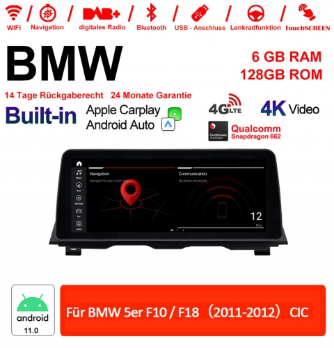 12.3 pouces Qualcomm Snapdragon 662 8 Core Android 11.0 4G LTE Autoradio / Multimédia USB Carplay Pour BMW 5 Series F10/F18 2011-2012 CIC Avec WIFI