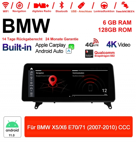 12.3 pouces Qualcomm Snapdragon 662 8 Core Android 11.0 4G LTE Autoradio / Multimédia USB Carplay Pour BMW X5/X6 E70/71 (2007-2010) CCC avec WIFI