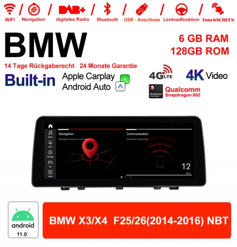 12.3'' Qualcomm Snapdragon 662 8 Core Android 11.0 4G LTE Autoradio/Multimédia 6 Go RAM 128 Go ROM USB Carplay Pour BMW X3/X4 F25/26 (2014-2016) NBT