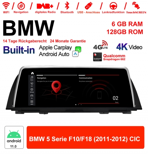 10.25" Qualcomm Snapdragon 662 Android 11.0 4G LTE Autoradio / Multimédia USB WiFi Navi Carplay Pour BMW 5 Series F10/ F18 (2011-2012) CIC