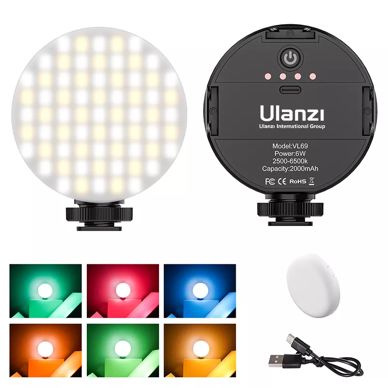 Ulanzi VL69 Lampe vidéo LED réglable 2500K-6500K 800LUX Lampe Vlog rechargeable avec diffuseur souple Gel 6 couleurs