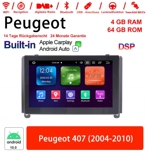 8 pouces Android 10.0 Autoradio /multimédia 4 go de RAM 64 go ROM pour Peugeot 407 (2004-2010)  intégré Carplay/Android Auto