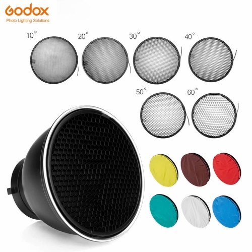 7 pouces 18 cm de diffuseur à réflecteur standard avec grille en nid d'abeille de qualité + 6 filtres de couleur pour flash stroboscopique de studio B