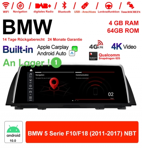 10.25 pouces Qualcomm Snapdragon 625 8 Core Android 10.0 4G LTE Autoradio / Multimédia USB Carplay Pour BMW Série 5 F10 / F18 NBT avec WIFI