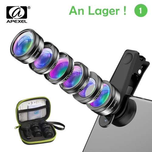 APEXEL Universal 6 in 1 Telefon Kamera Objektiv Kit Fisch Auge Weitwinkel makro Objektiv CPL/StarND32 Filter für fast alle smartphones