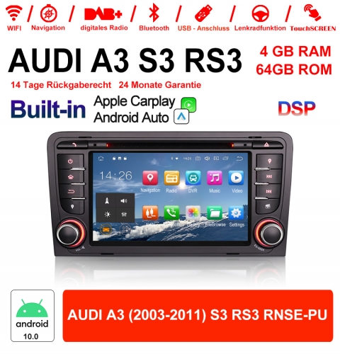 7 Zoll Android 10.0 Autoradio / Multimedia 4GB RAM 64GB ROM  Für AUDI A3 (2003-2011) S3 RS3 RNSE-PU Built-in Carplay / Android Auto