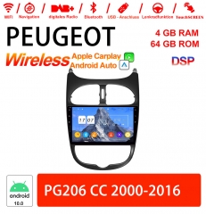 9 pouces Android 12.0 autoradio/multimédia 4 Go RAM 64 Go ROM pour Peugeot 206 CC 2000-2016 intégré CarPlay / Android Auto