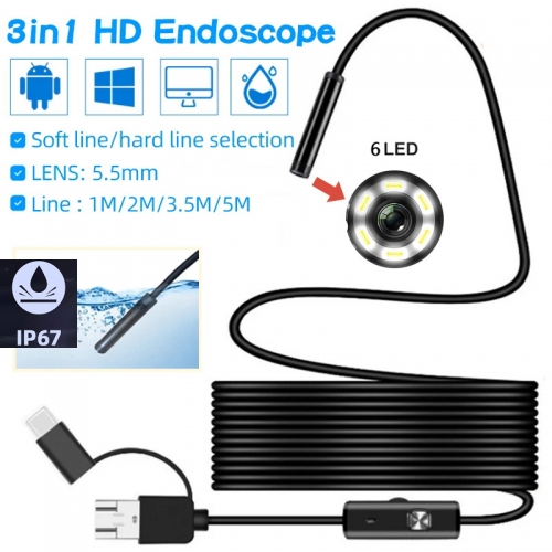 5.5mm Lens Camera Borescope HD IP67 Hard Flexible Tube Mirco USB Type-C Borescope Video Inspection for Android Borescope