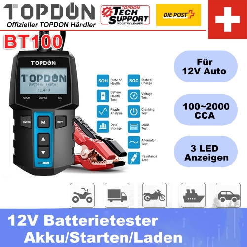 TOPDON BT100 testeur de batterie de voiture 12V 100-2000 CCA analyseur de batterie automatique numérique pour voiture camion moto démarrage Test de ch