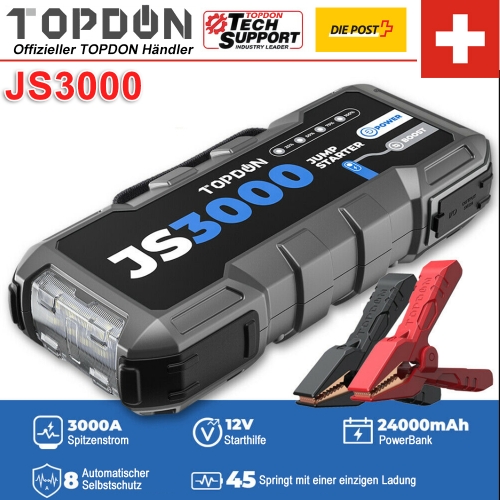 TOPDON JS3000 batterie externe 3000A démarreur de saut de voiture 24800Mah 12V amplificateur de batterie au plomb de voiture (9L gaz/7L Diesel)