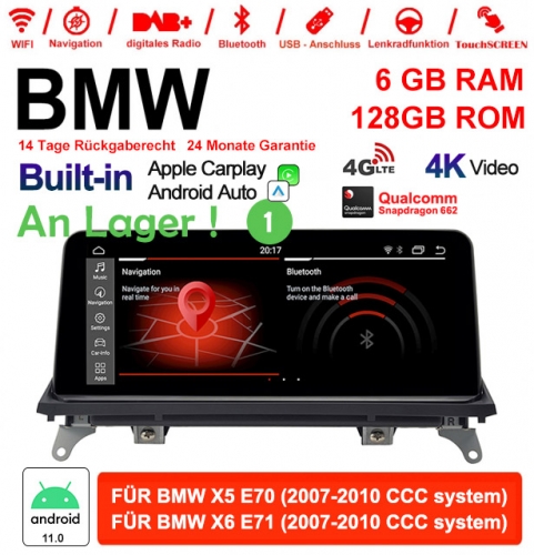10.25" Qualcomm Snapdragon 662 Android 11.0 4G LTE Autoradio / Multimédia USB WiFi Navi Carplay Pour BMW X5/X6 E70/71 (2007-2010) CCC