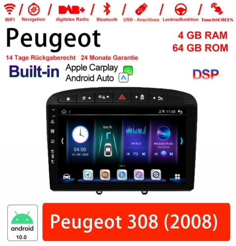 9 pouces Android 10.0 Autoradio / Multimedia 4 Go de RAM 64 Go de ROM pour Peugeot 308 2008 Built-in carplay/android auto