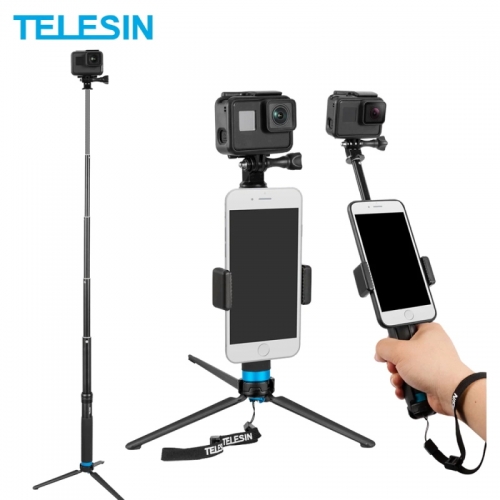 TELESIN Perche à Selfie Extensible en Alliage d'Aluminium avec Trépied et Clip de Téléphone