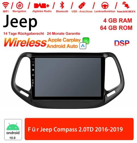 10 pouces Android 10.0 Autoradio / Multimedia 4 Go de RAM 64 Go de ROM pour Jeep Compass 2.0TD 2016-2019 Built-in carplay/android auto