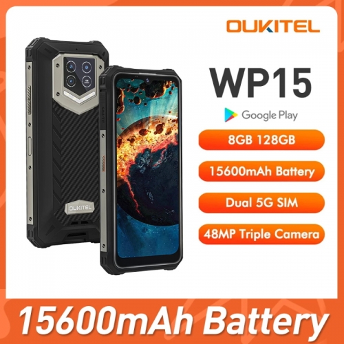 OUKITEL WP15 Octa core 5G Android 11 6,52 " HD+ Écran 8 Go + 128 Go Smartphone robuste étanche 15600 mAh 48 MP Triple caméra Téléphone portable NFC