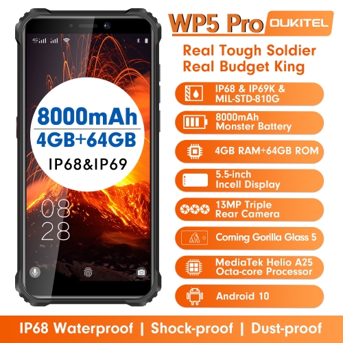 OUKITEL WP5 Pro IP68 Wasserdichtes Smartphone 4GB RAM + 64GB ROM 8000 mAh Android 10 13MP Dreifachkamera 5,5 Zoll Mobiltelefon