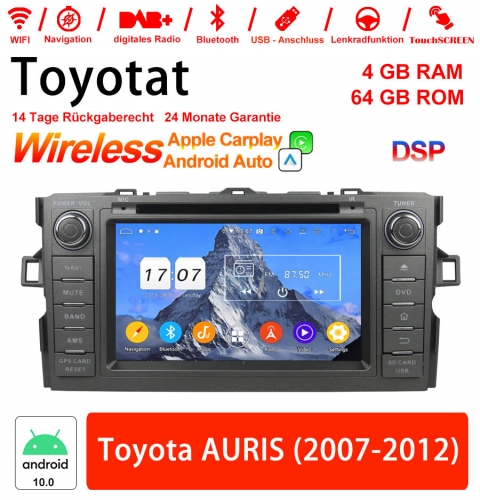 7 pouces Android 10.0 Autoradio/multimédia 4Go de RAM 64Go de ROM pour TOYOTA AURIS 2007-2012 CarPlay intégré/ Android Auto