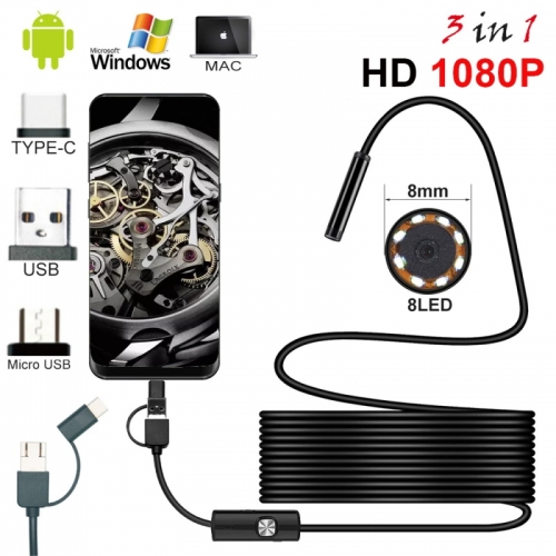 Nouveau 8.0mm Endoscope Caméra 1080P HD USB Endoscope avec 8 LED IP68 Endoscope D'inspection Étanche pour Android PC