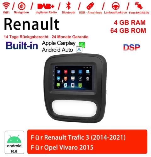 7 pouces Android 10.0 Autoradio / Multimedia 4 Go de RAM 64 Go de ROM pour Renault Trafic 3 2014-2021/Opel Vivaro 2015 Built-in carplay/android auto